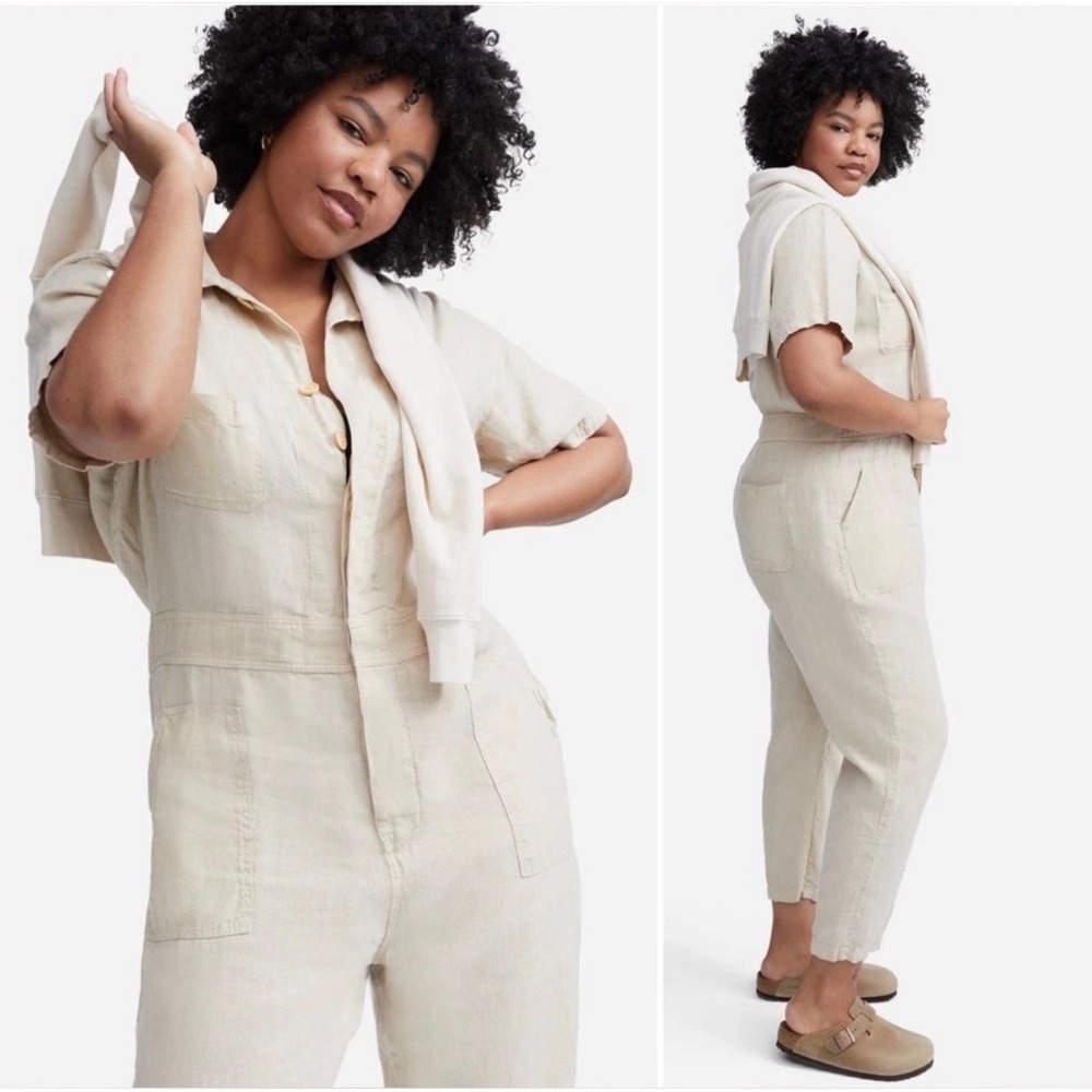 MATE The Linen Utility Jumpsuit Tan Short Sleeve Button Front Cargo‎ Pockets XL